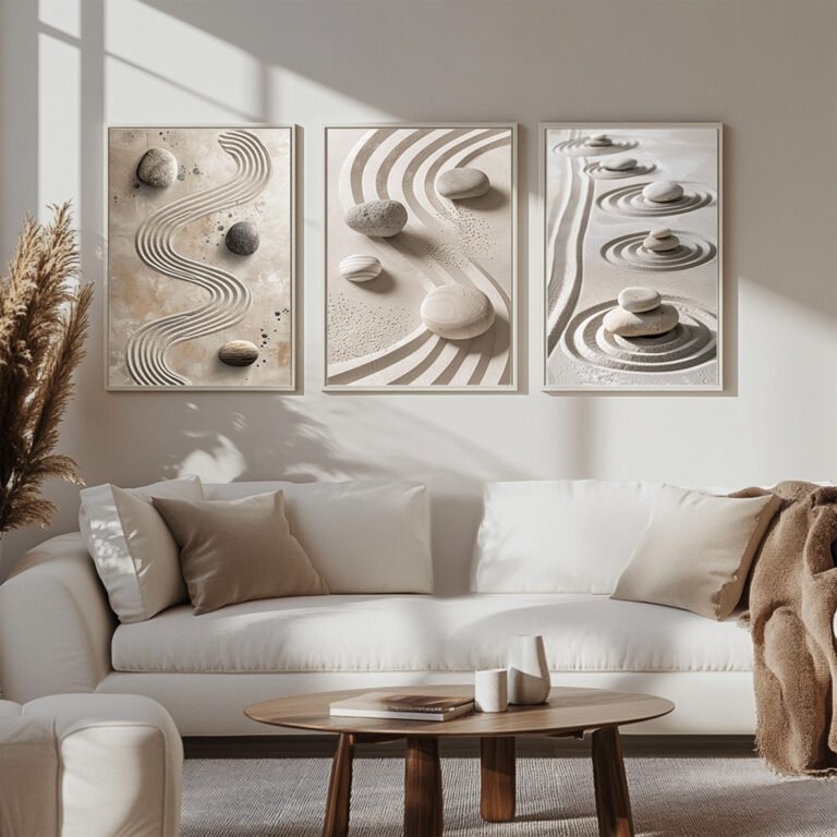 A modern living room in warm brown and beige tones. Above the sofa, three Zen Garden Prints in matching frames enhance the Japandi aesthetic. The minimalist decor and neutral palette create a serene and elegant ambiance.