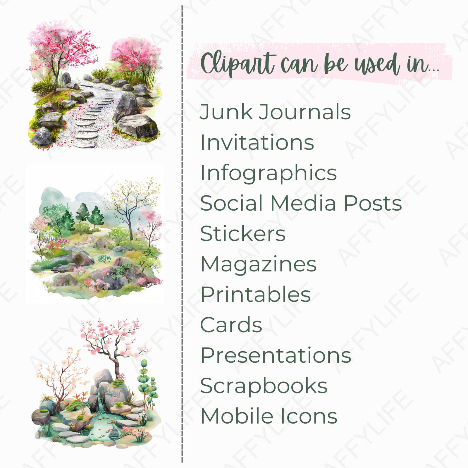 Illustrations of serene landscapes featuring pink and green foliage, rocks, and water. The text overlay reads, "Clipart can be used in..." followed by a list of media, highlighting the versatility of these Japanese clipart elements.