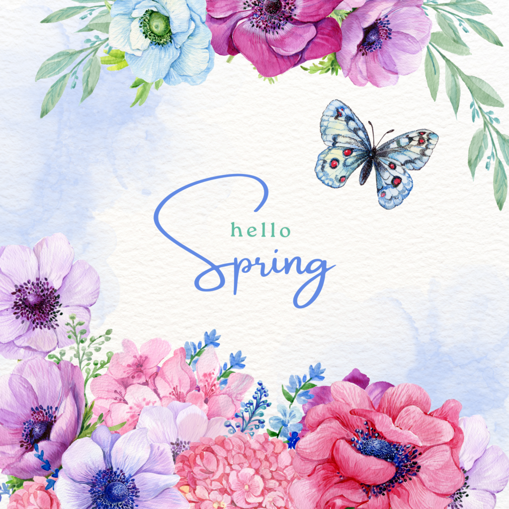 Watercolor illustration with vibrant spring flowers and a butterfly surrounding the words "hello Spring" in elegant script, evoking a fresh, joyful mood.
