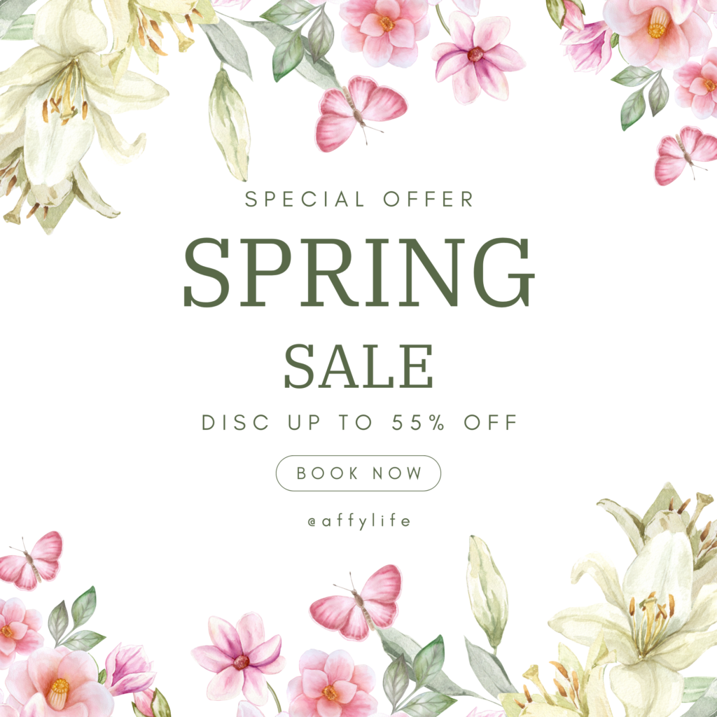 Floral-themed spring sale poster with pink flowers and butterflies adorning the edges. The text offers up to 55% discount, with "Book Now" button.