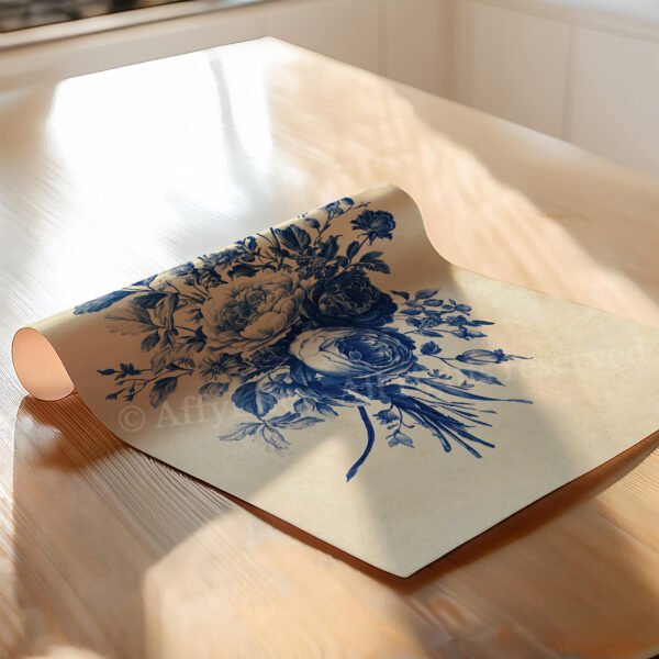 Rolled parchment with Antique Blue Toile Prints of intricate blue floral patterns on a wooden table, illuminated by soft sunlight.