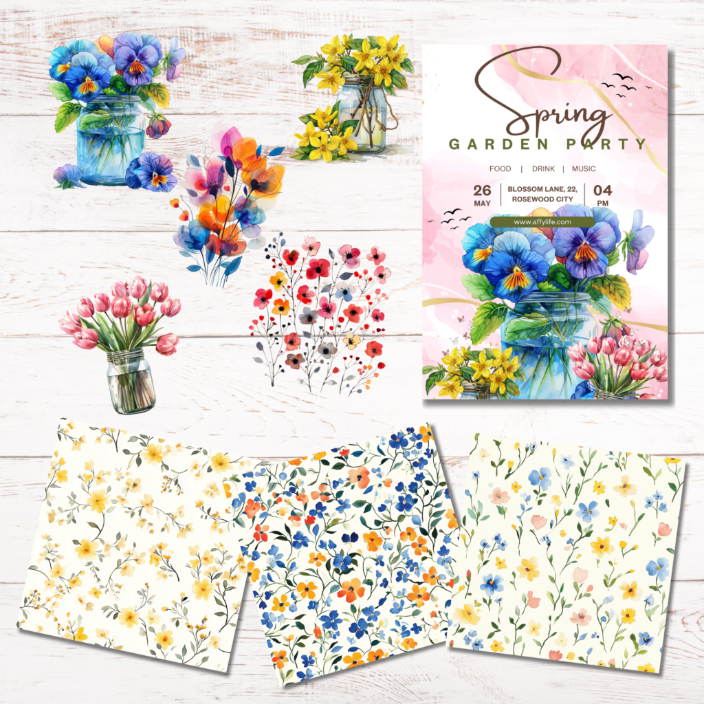Spring-themed collage with floral elements: vibrant bouquets, garden party invite, and pastel botanical patterns. Bright and cheerful ambiance.