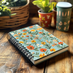 A spring-themed floral spiral notebook featuring orange and yellow flowers rests on a wooden table. In the background, vibrant potted plants and a green floral tin create a cheerful atmosphere, perfect for DIY spring projects.