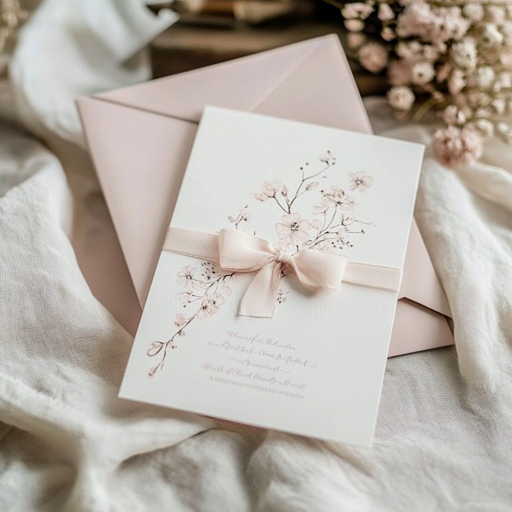 Elegant wedding invitation card with floral design and soft pink bow. A matching pink envelope is in the background, creating a romantic, delicate tone.
