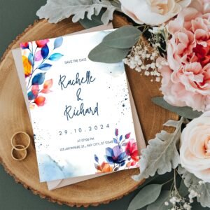 A wedding invitation on a wood slice with pink roses and greenery, featuring colorful floral designs and elegant script.