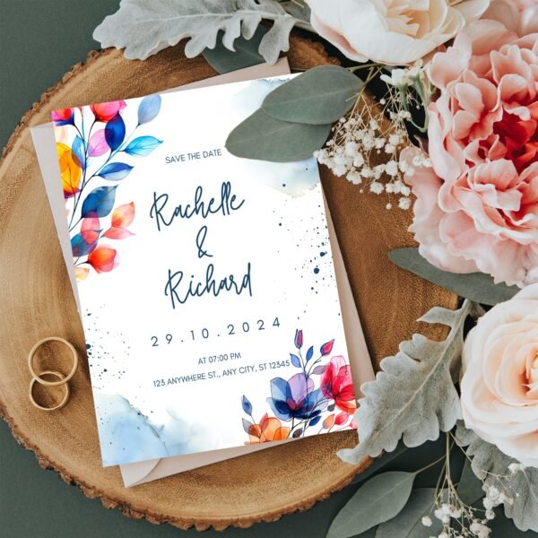 A wedding invitation on a wood slice with pink roses and greenery, featuring colorful floral designs and elegant script.