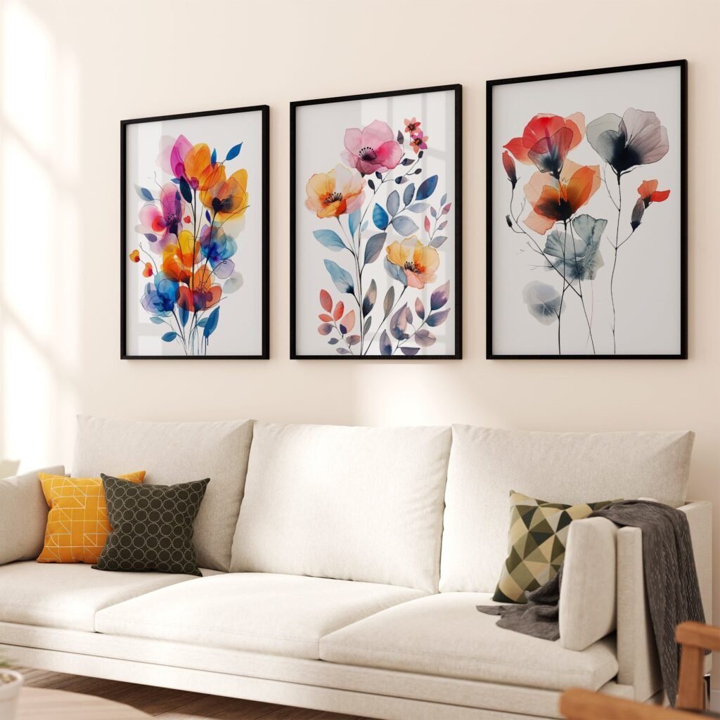 A modern living room with a cream sofa and geometric pillows, featuring three vibrant floral abstract paintings in black frames above.