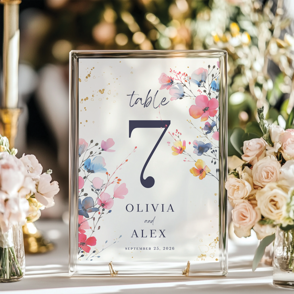 Wedding table sign labeled "Table 7," featuring pink and blue floral designs. Surrounded by white roses and soft lighting, creating a romantic atmosphere.