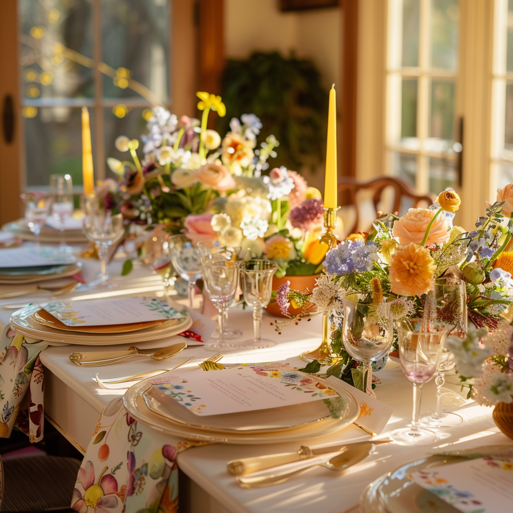 A beautifully set Easter dinner table featuring printed menu cards and pastel floral pattern decorations. The spring-themed centerpieces include fresh flowers, candles, and colorful napkins, creating a cozy and festive ambiance.