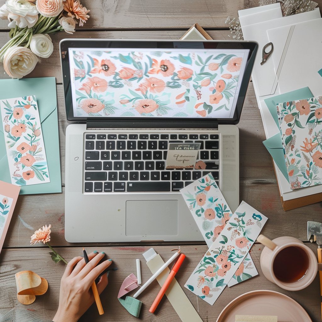 A laptop displaying floral patterns is surrounded by colorful stationery, greeting cards, and a cup of tea on a wooden desk, evoking creativity and warmth.