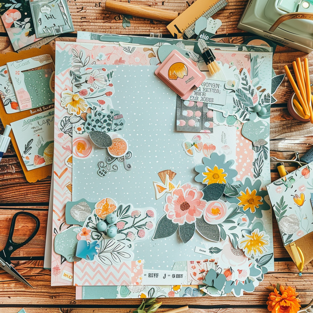A spring-themed scrapbook page on a wooden table showcases vibrant floral patterns and hand-cut clipart. Surrounded by scissors, glue, and markers, the scene exudes creativity and is perfect for DIY spring projects.