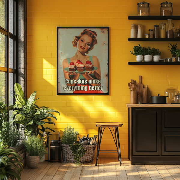 A bright kitchen with vibrant yellow walls features a 1950s Poster of a woman holding cupcakes. Plants, jars, and utensils on the countertop add a cozy, nostalgic vibe.