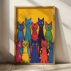 This is a framed Dopamine Poster featuring colorful cats in vibrant blue, red, yellow, and green hues on a yellow background. The cats' whimsical expressions add a playful tone to the artwork.