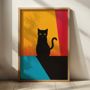 A Black Cat Poster featuring a black cat silhouetted against bold red, orange, and blue geometric shapes. Soft shadows add depth, creating a playful and modern aesthetic.
