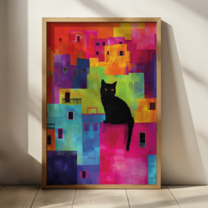 This is a framed, Colorful Cat Art print of a black cat sitting against a lively, abstract cityscape with bold, colorful buildings. The playful colors create a whimsical and energetic atmosphere.