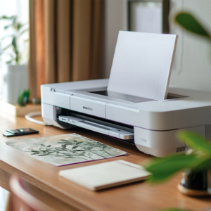 A white printer on a wooden desk prints a Sustainable Wall Art design featuring a black-and-white leaf illustration. A mobile phone, notebook, and printed artwork are nearby, with lush green plants in the background.