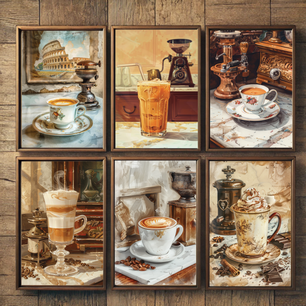 A collage of six framed prints from a Retro Coffee Poster Set featuring various coffee drinks in ornate cups, some paired with vintage coffee grinders, set against rustic wooden backgrounds.