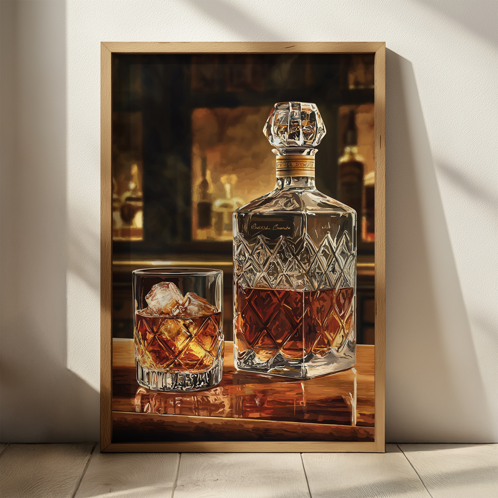 A framed Bourbon Wall Art painting of a crystal decanter and tumbler filled with amber liquid sits on a wooden surface. The warm-toned bar background adds depth and a refined, classic atmosphere.