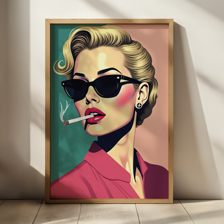 A contemporary café with a sleek espresso machine and a wooden counter. A framed Pop Art Elegant Woman print featuring a stylish woman in oversized sunglasses and bold red tones hangs on the wall, adding a fashionable, retro touch.