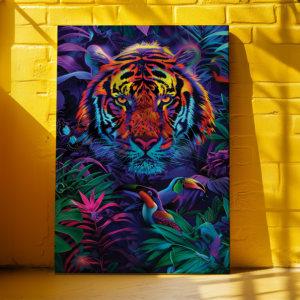 A bold Dopamine Decor artwork featuring a tiger surrounded by lush tropical plants and toucans hangs on a yellow wall. The vivid colors and dynamic jungle scene create an energetic, exotic atmosphere.