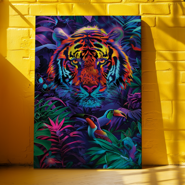 A bold Dopamine Decor artwork featuring a tiger surrounded by lush tropical plants and toucans hangs on a yellow wall. The vivid colors and dynamic jungle scene create an energetic, exotic atmosphere.