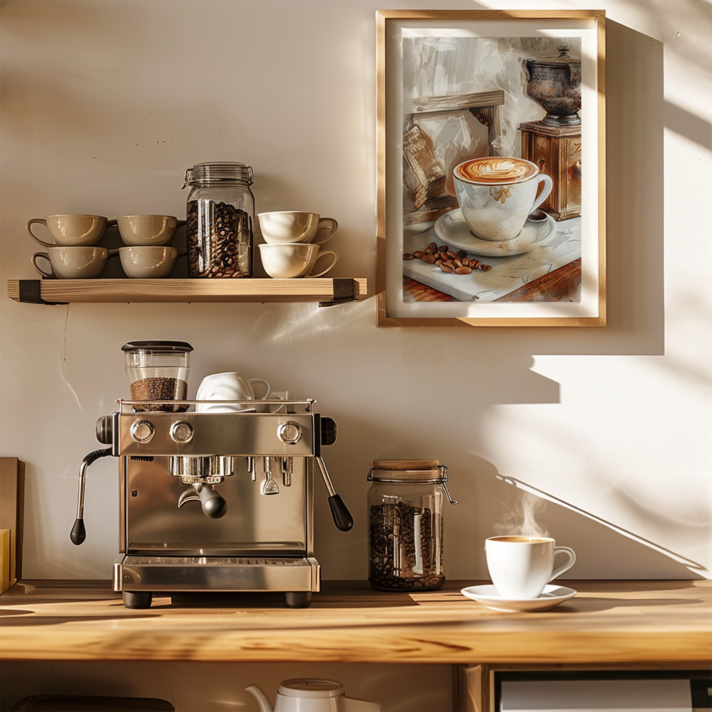 A sunny kitchen counter featuring an espresso machine, a steaming coffee cup, jars filled with coffee beans, and a framed Retro Coffee Poster Set print on the wall. The scene is warm and inviting.