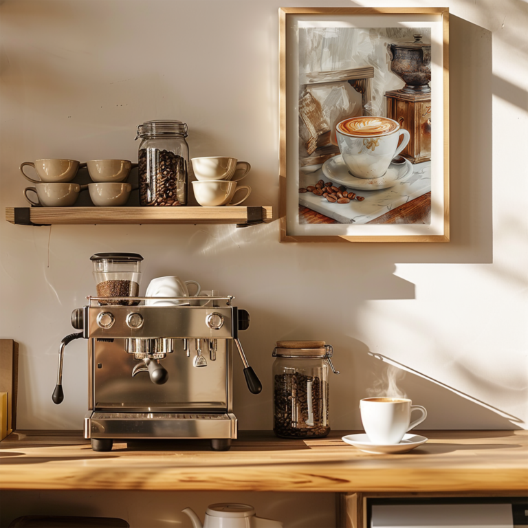 A sunny kitchen counter featuring an espresso machine, a steaming coffee cup, jars filled with coffee beans, and a framed Retro Coffee Poster Set print on the wall. The scene is warm and inviting.