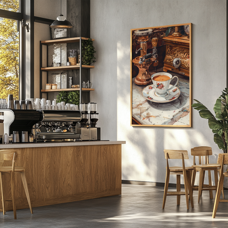 A modern café interior featuring a sleek espresso machine on a wooden counter. A cozy seating area with wooden chairs sits nearby, while a framed Retro Coffee Poster Set print on the wall adds warmth and vintage charm.