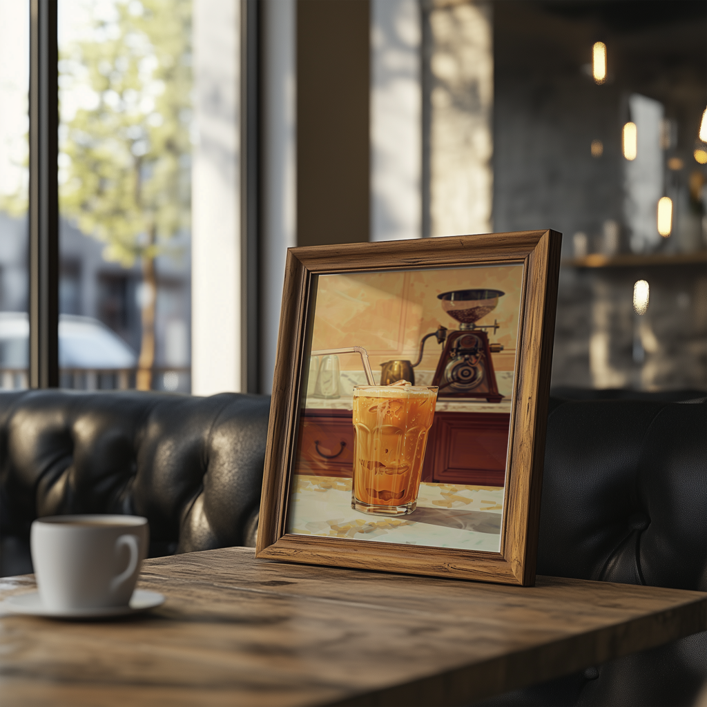A framed Retro Coffee Poster Set print featuring iced tea sits on a wooden table in a cozy café. Sunlight streams through large windows, casting a warm glow. Nearby, a ceramic coffee cup enhances the inviting atmosphere.