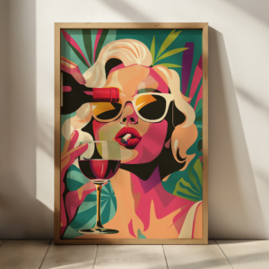 A colorful retro pop art poster of a woman wearing sunglasses, holding a wine bottle and glass, with a cigarette in her mouth. The background features bold, leafy patterns.