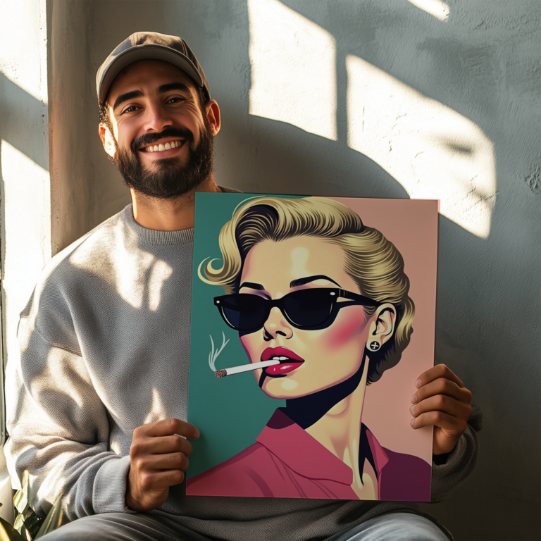 A framed Pop Art Elegant Woman artwork featuring a fashionable woman in vintage sunglasses and red lipstick is displayed above a plush lounge chair. A floor lamp and a side table with books complete the stylish setting.