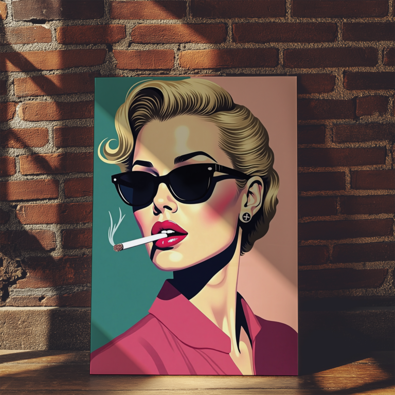 A framed Pop Art Elegant Woman painting featuring a sophisticated woman in bold colors hangs above a bar cart filled with bottles and glassware. Sunlight streams in, casting soft shadows on the wall.