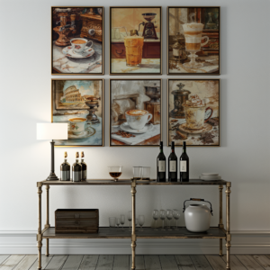A Retro Coffee Poster Set featuring coffee-themed paintings displayed above a metal console table. Below, wine bottles, glasses, and a lamp create a cozy and inviting atmosphere.