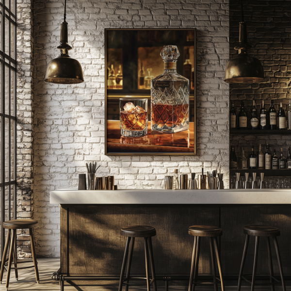 A framed Bourbon Wall Art print featuring a whiskey decanter and glass hangs on a brick wall in a cozy bar interior. Below, a countertop with stools sits under warm lighting.