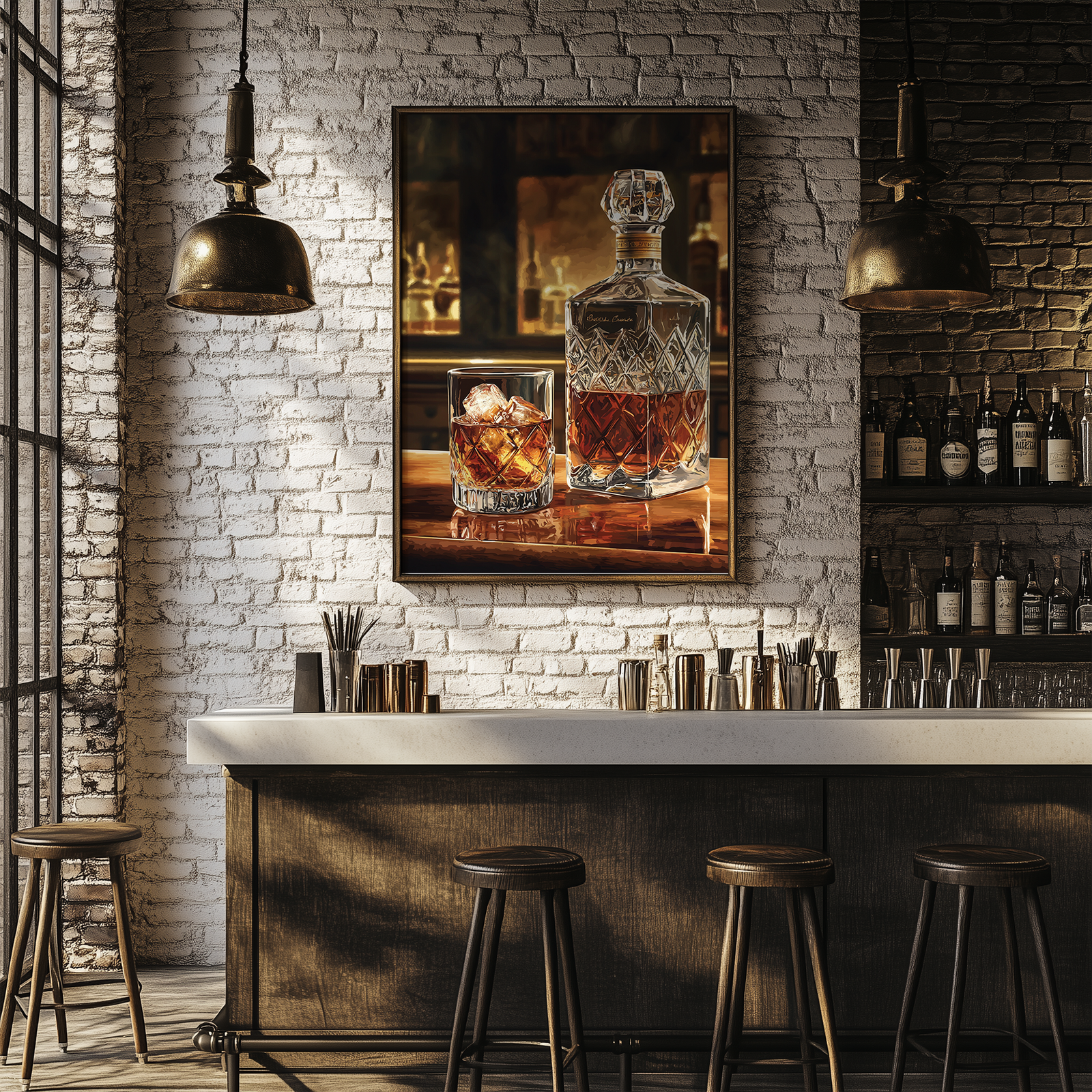 A framed Bourbon Wall Art print featuring a whiskey decanter and glass hangs on a brick wall in a cozy bar interior. Below, a countertop with stools sits under warm lighting.