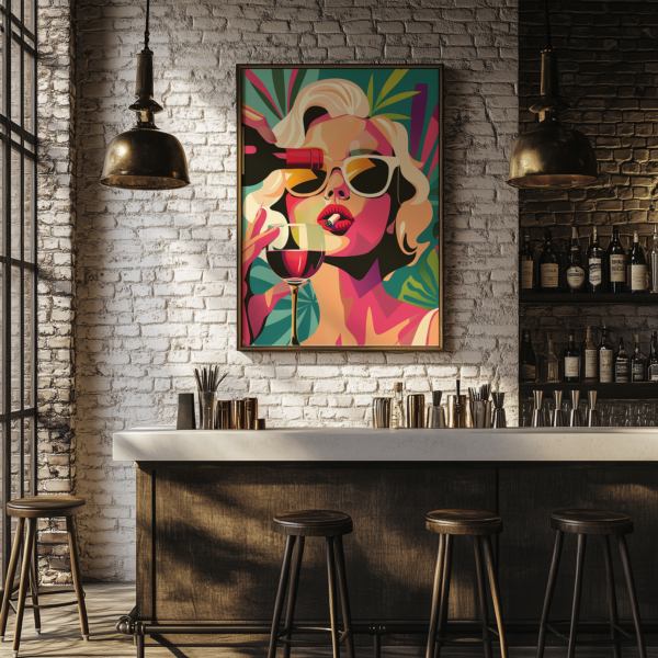 A cozy bar with wooden stools in front of a white brick wall. A vibrant retro pop art painting of a woman in sunglasses and a wine glass adds a lively touch.