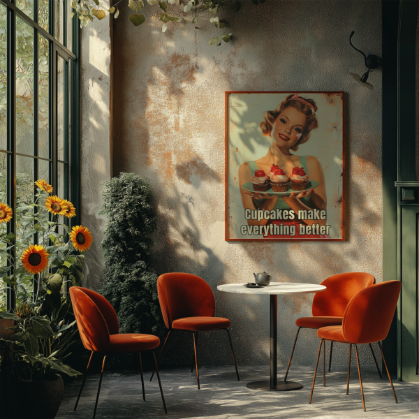 A cozy café corner with a 1950s Poster showcasing a cupcake design. Orange chairs, sunflowers by the window, and a small round table complete the warm, nostalgic atmosphere.