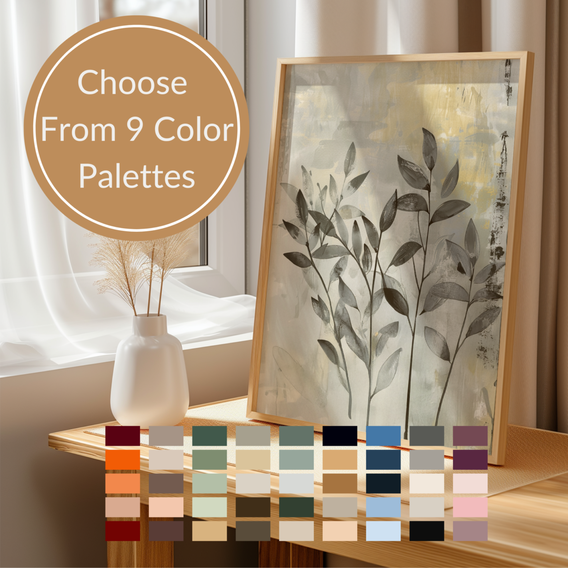 A framed Sustainable Wall Art botanical print displayed beside a window with a vase on a wooden table. Below, text reads "Choose From 9 Color Palettes," with calm, natural tones shown beneath.
