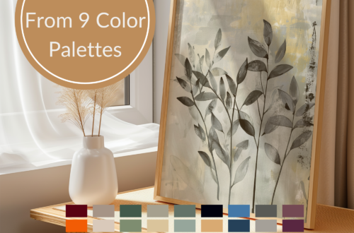 A framed Sustainable Wall Art botanical print displayed beside a window with a vase on a wooden table. Below, text reads "Choose From 9 Color Palettes," with calm, natural tones shown beneath.