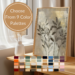 A framed Sustainable Wall Art botanical print displayed beside a window with a vase on a wooden table. Below, text reads "Choose From 9 Color Palettes," with calm, natural tones shown beneath.