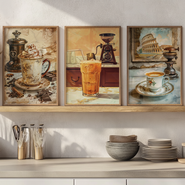 Three framed pieces from a Retro Coffee Poster Set rest on a shelf. The set features a mug of whipped cream coffee, an iced coffee, and an espresso with Roman imagery, evoking a nostalgic café atmosphere.