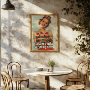A cozy café corner with a 1950s Poster that reads, "Cupcakes make everything better." Sunlight casts soft shadows over a round table with simple chairs, creating a warm and inviting atmosphere.