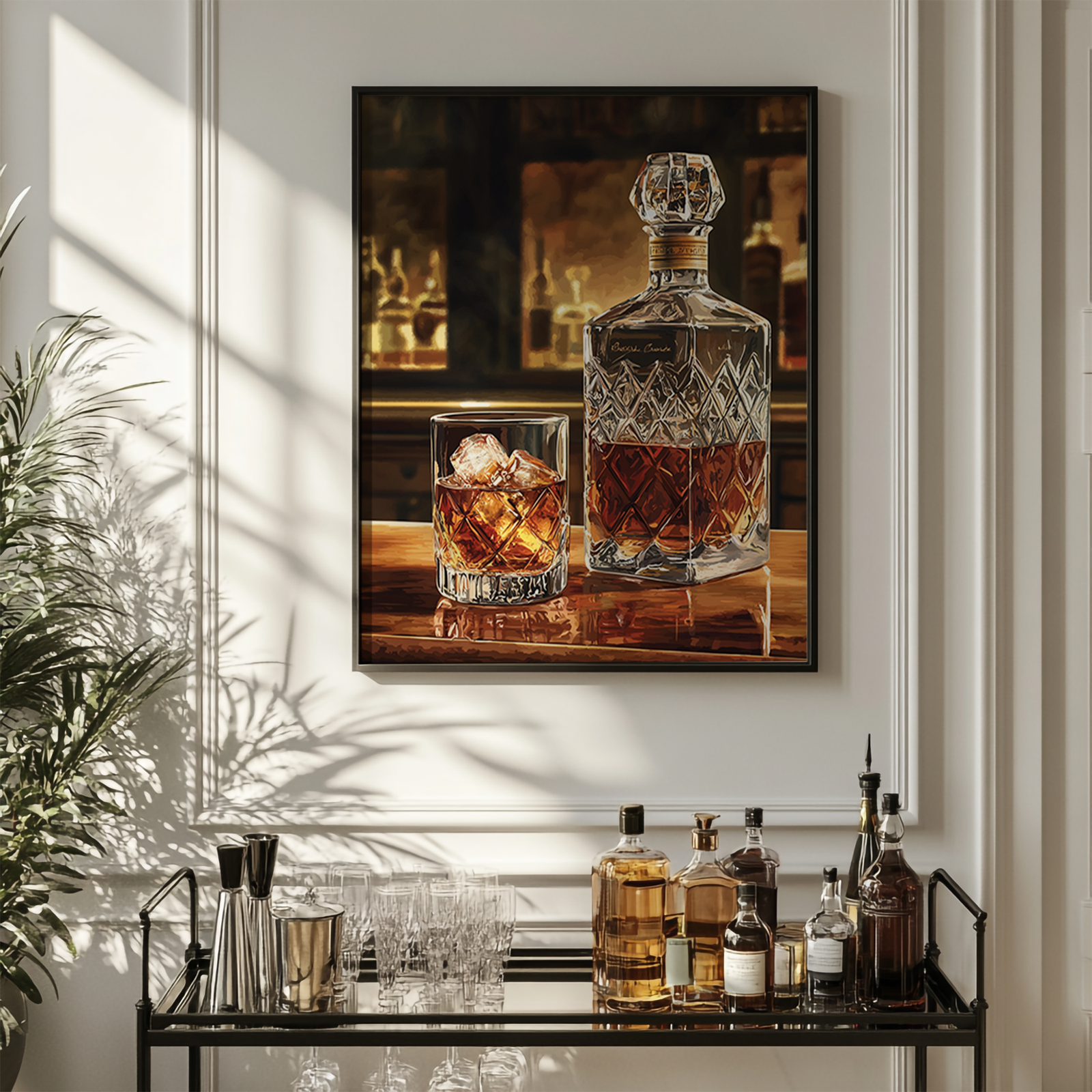 A framed Bourbon Wall Art painting of a whiskey decanter and glass with ice hangs above a bar cart stocked with bottles and glassware. Sunlight streams in, casting soft shadows on the wall.