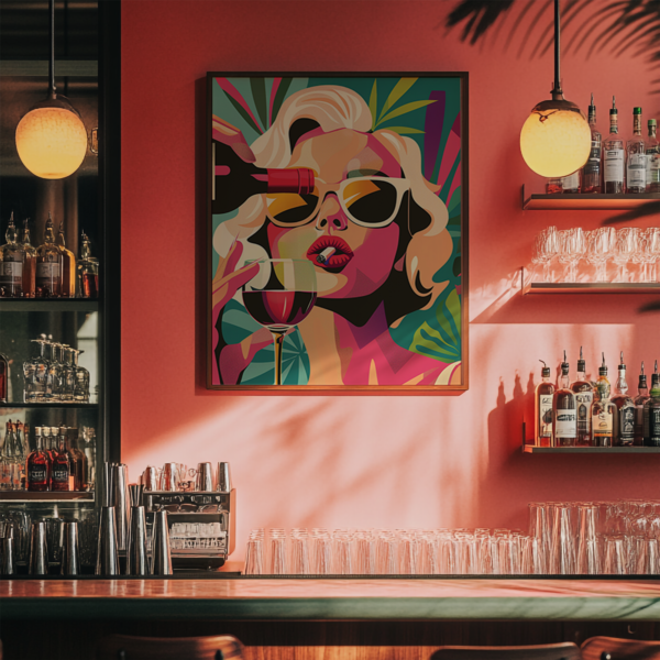 A bar with a colorful retro pop art poster of a woman in sunglasses holding a wine glass. Warm lighting, shelves with bottles and glasses, and a cozy ambiance complete the scene.