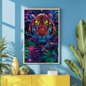 A framed Dopamine Decor poster of a tiger with neon colors and toucans set in lush jungle foliage. Displayed on a blue wall beside a yellow sideboard and green plants, creating a striking contrast.