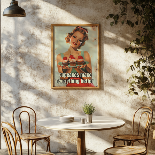 A cozy café corner with a 1950s Poster that reads, "Cupcakes make everything better." Sunlight casts soft shadows over a round table with simple chairs, creating a warm and inviting atmosphere.