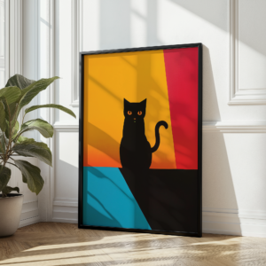 Black Cat Poster – Sunlit Feline Art with a Bold Geometric Background A framed Black Cat Poster of a black cat with bright yellow eyes sitting against a geometric background of yellow, red, and blue. The artwork leans against a sunlit wall, casting soft shadows.