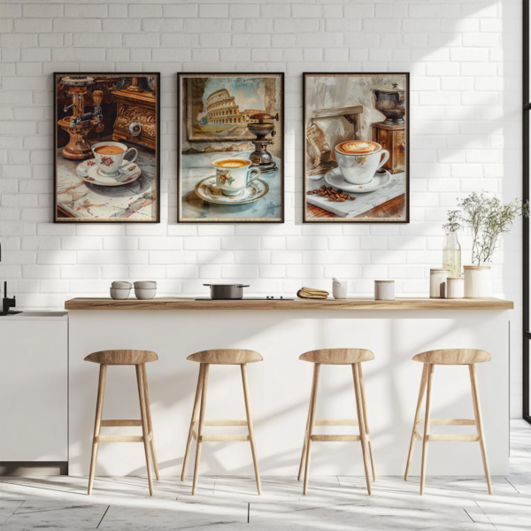 A modern kitchen with white brick walls, a wooden counter, and four light wood stools enhances the stylish space. Above, three framed Retro Coffee Poster Set artworks depicting coffee-themed designs.