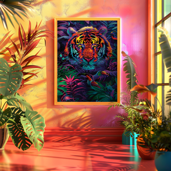 A framed Dopamine Decor tiger painting is displayed in a sunlit room with tropical plants. The artwork’s vibrant colors contrast beautifully against orange walls, exuding an energetic, exotic ambiance.