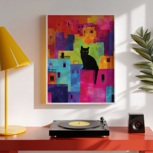 Colorful Cat Art – Black Cat and Cityscape Above a Retro Table This colorful Cat Art painting features a black cat sitting on a vibrant abstract cityscape. The framed artwork hangs above a red table with a record player and a yellow lamp, creating a playful, retro-inspired vibe.